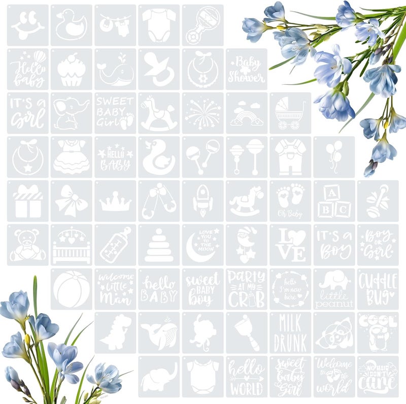 Amrules 65 Pcs Painting Stencils, Shower Theme Drawing Templates Set for Crafts, Reusable DIY Art Stencil Sets for Wood, Walls, Cards, Fabrics, Rocks and Home Decoration, 4 x 4 Inch - Image 1